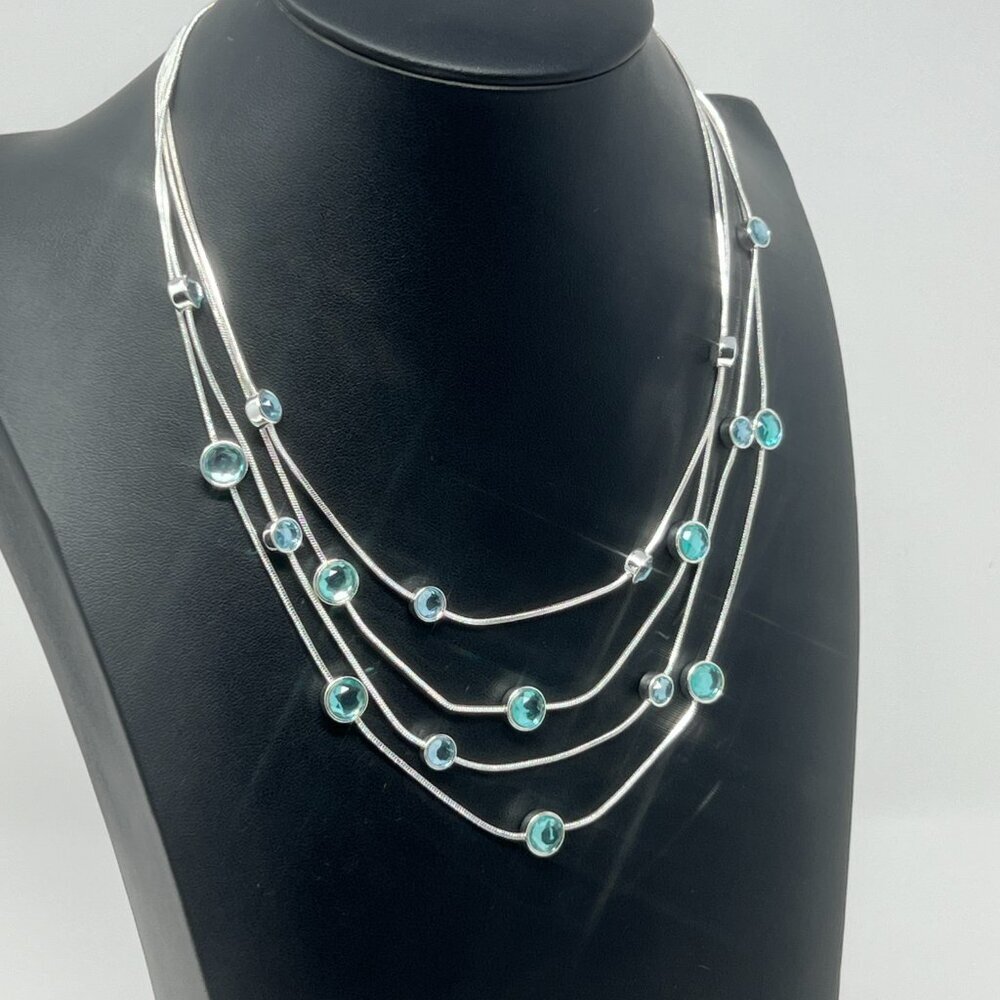 Silver Tone with Turquoise Blue Colored Crystals 4 Strand Chain Necklace